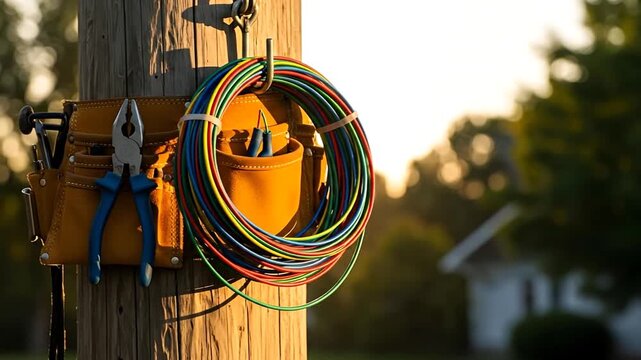 Electrical equipment on wooden pole with sunlight