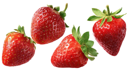 Four vibrant red strawberries with green leafy tops on black