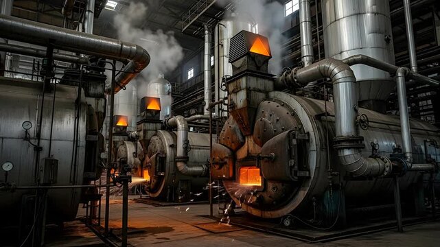 Industrial boilers in a factory setting with visible steam and piping