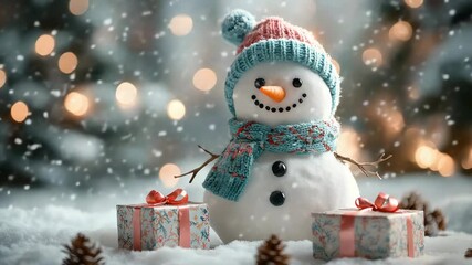Cute snowman with scarf and hat surrounded by gift boxes in snowy winter landscape, symbolizing Christmas, joy, holiday spirit, festivity, winter wonderland and cheerful seasonal decoration - Powered by Adobe