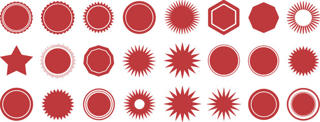 Collection of black badge and seal silhouettes featuring starburst, circular labels, geometric shapes, blank stamps and vintage emblem design elements