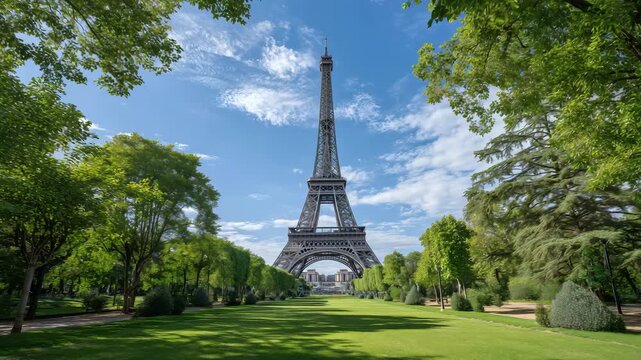 The Eiffel Tower in Paris Amidst Green Trees and Lawns [4K]