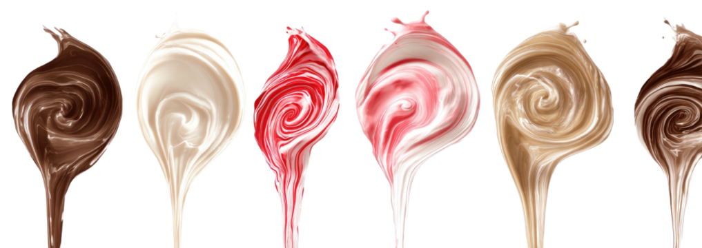 Six swirls of melted confectionary dripping downwards