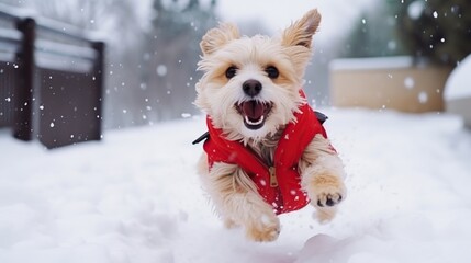 Adorable small fluffy dog in a red winter coat running joyfully through the snow