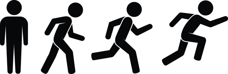 Black running sequence silhouette showing man standing, walking, jogging and sprinting motion progression, sporty human movement pictogram illustration, isolated
