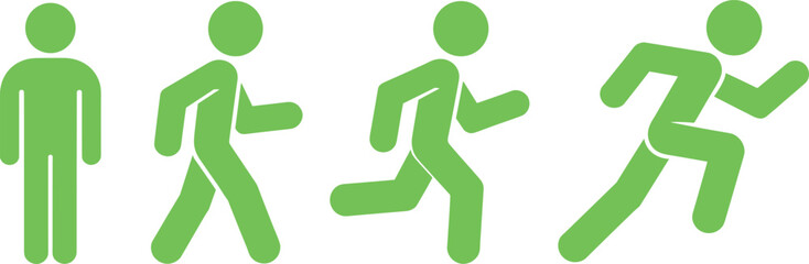 Black running sequence silhouette showing man standing, walking, jogging and sprinting motion progression, sporty human movement pictogram illustration, isolated