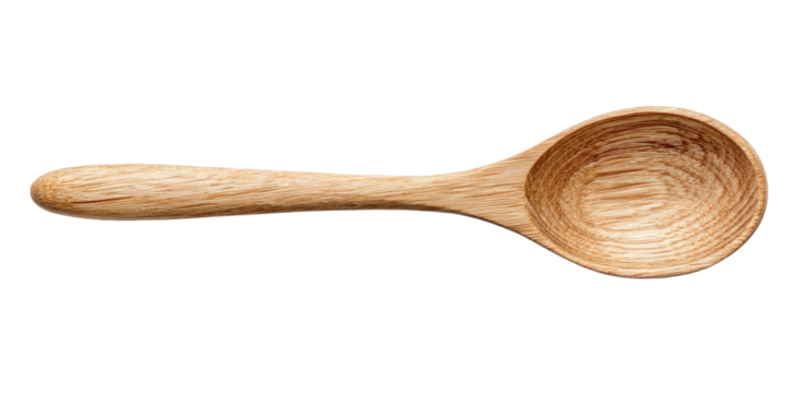 A simple wooden spoon with a curved handle and oval bowl, natural grain