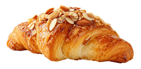 Golden brown flaky croissant sprinkled with toasted almond slivers