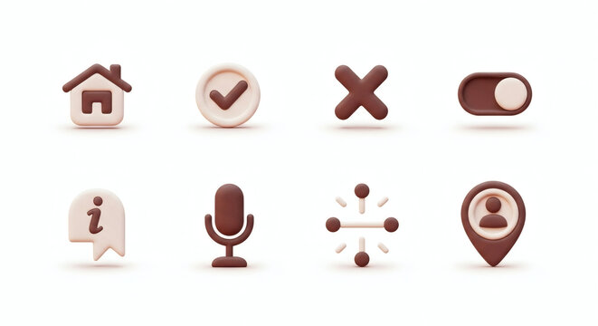 Delightful 3D Rendered User Interface Icons in a Soft Brown Palette, Perfect for Web and Mobile App Design, Showcasing Essential Digital Interaction Concepts
