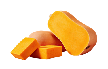 Butternut squash, halved and cubed, on black background