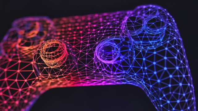 A digital game controller constructed from wireframe and illuminated with vibrant gradients - Powered by Adobe