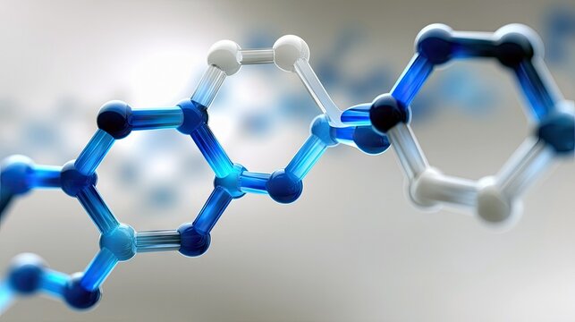 A close-up, abstract 3D render of a molecular structure. Spheres in shades of blue and white are connected by rod-like bonds, forming hexagonal and linear arran