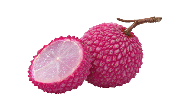 Two bright pink, bumpy lychee fruits, one halved revealing translucent flesh