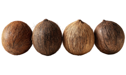 Four ripe coconuts arranged in a line against a black background