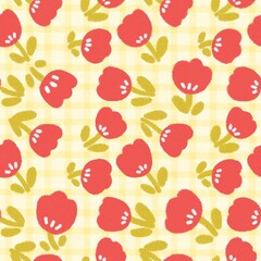 Red Tulips Pattern on Yellow Checkered Background 