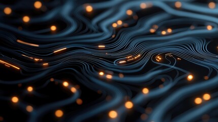 An abstract digital visualization of interconnected blue lines with scattered orange glowing points, creating a sense of a complex network or data flow against