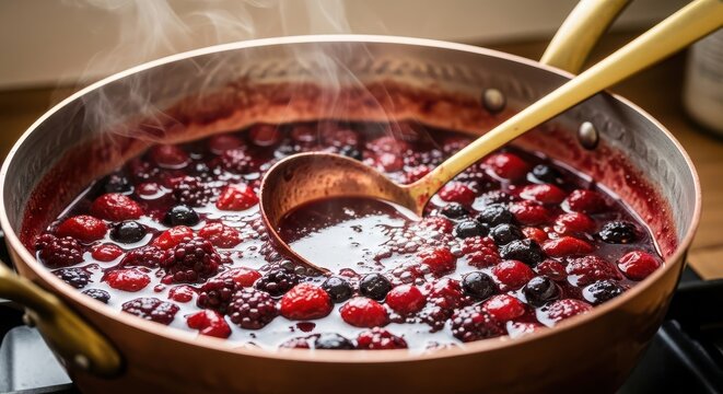 Delicious homemade berry jam simmering in a copper pot with a golden ladle, creating a delightful and aromatic culinary experience