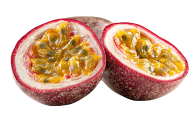 Two halves of a ripe passion fruit, revealing juicy pulp and seeds