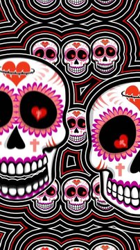 Seamless psychedelic background with Mexican sugar skulls with wave effect. Halloween vector style vertical video with skeleton illustration 