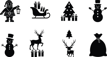 Black silhouette set of Christmas icons including Santa Claus reindeer snowman tree sleigh and gift bag
