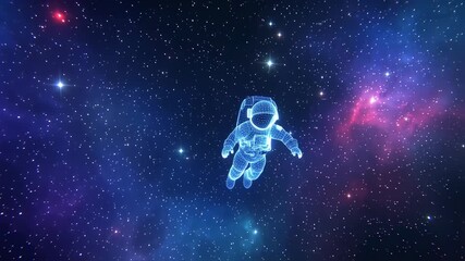 A neon wireframe astronaut floats in space with a stellar background of stars and nebula - Powered by Adobe
