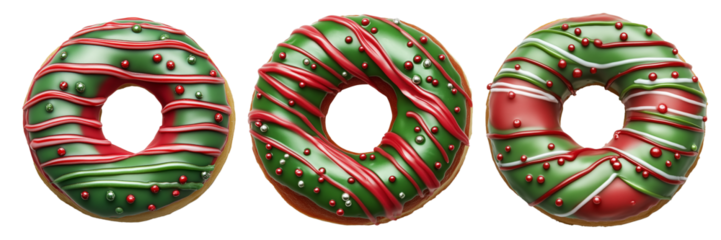 Delicious donut topped with red and green icing, decorated with white drizzle and candy balls, isolated on white