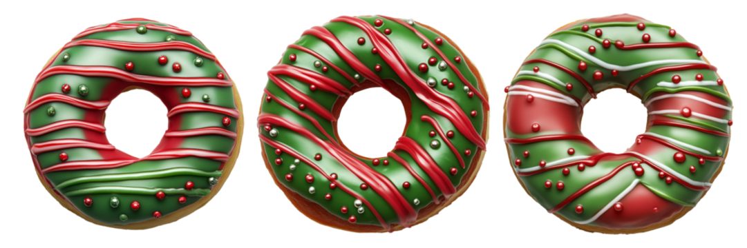 Delicious donut topped with red and green icing, decorated with white drizzle and candy balls, isolated on white - Powered by Adobe