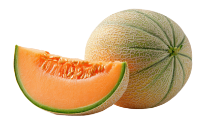 A whole cantaloupe melon with a slice showcasing its vibrant orange flesh