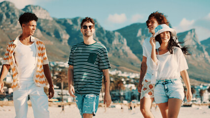 Friends outdoor, laughing or walking on beach for bonding together, summer holiday and travel...