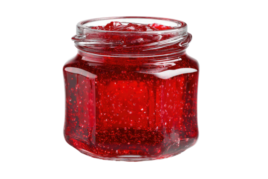 Octagonal jar filled with vibrant, sparkling red preserve