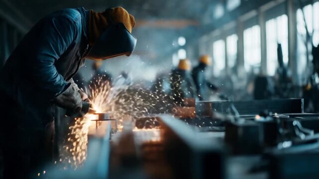 Workers skillfully use welding equipment in a bustling workshop, creating strong joints between metal pieces while sparks fly in the air from the heat of the process