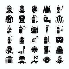 Minimalist Solid Black Diving & Underwater Exploration Equipment Icon Set