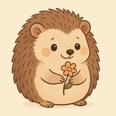 Cute Cartoon Hedgehog Illustration &ndash; Upright Hedgehog Holding Orange Flower with Rosy Cheeks on Beige Background