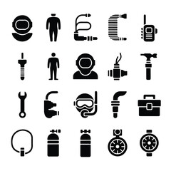 Minimalist Solid Black Diving & Underwater Exploration Equipment Icon Set