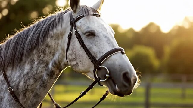 Dappled gray horse headshot with tack in golden light against a blurred fence and grass background