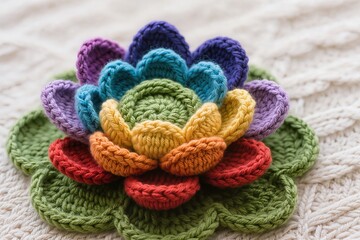 Lotus with rainbow petals in the colors of the chakras in a knitted style is made