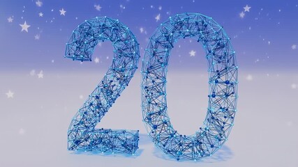 A 3D number "20" made of blue interconnected lines and spheres with a starry background - Powered by Adobe
