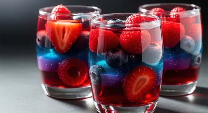 Three glasses of colorful jelly dessert with fresh berries, including strawberries, raspberries, and blueberries, on a dark surface