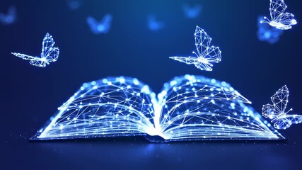 Glowing digital book emits light and connected lines, with radiant butterflies. Deep blue backdrop