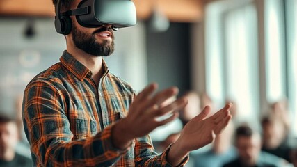 selective focus professional vr instructor guiding employees through virtual training