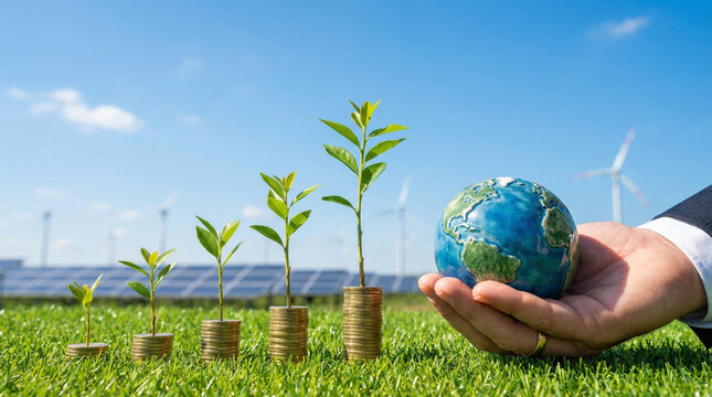 Concept of green investment, financial growth, and environmental sustainability. Hand holds Earth, plants grow from coins, with renewable energy background