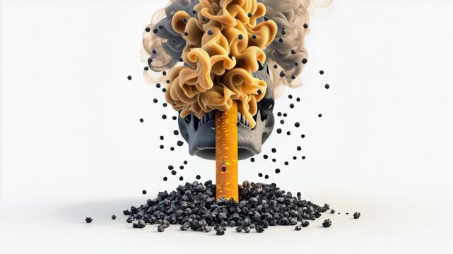 Skull smoke cigarette ash toxic danger addiction health warning in surreal concept art with melting skull, fire tongue, macabre ash pile horror
