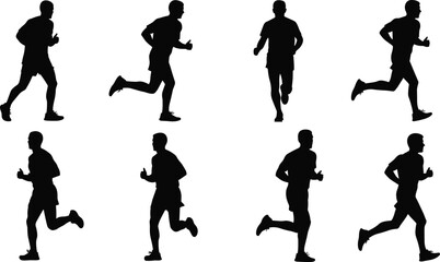 Eight black silhouettes of men running in various poses runner male