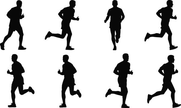 Eight black silhouettes of men running in various poses runner male