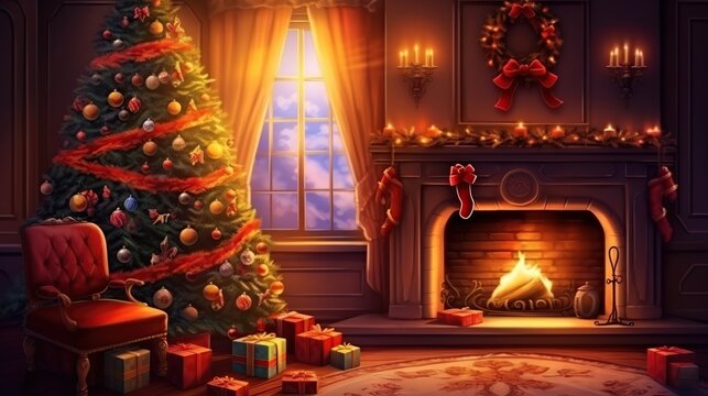 Cozy Christmas Eve scene with a beautifully decorated tree and a m, ling fireplace