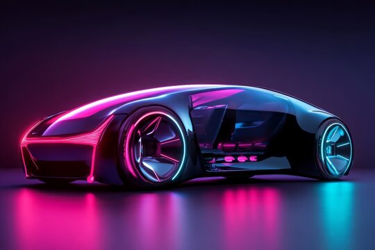Sleek futuristic concept car illuminated by vibrant neon lights