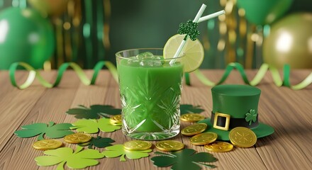 Festive green cocktail for St. Patrick's Day party on wooden table with gold coins and shamrocks isolated PNG with Transparent Background