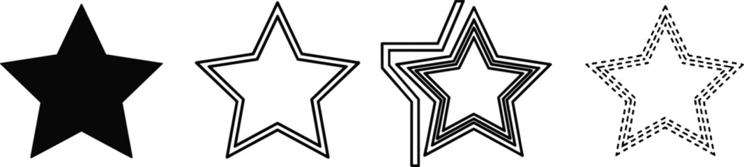 Four black and white star shapes with varying outlines and fills solid vector