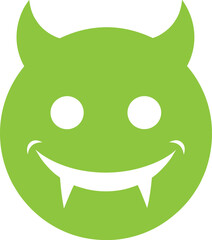 Green devil face with horns and fangs smiling monster graphic vector