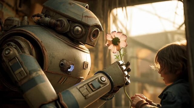 A tender moment a benevolent robot offers a delicate flower to a child, illustrating the gentle intersection of advanced technology and pure human innocence